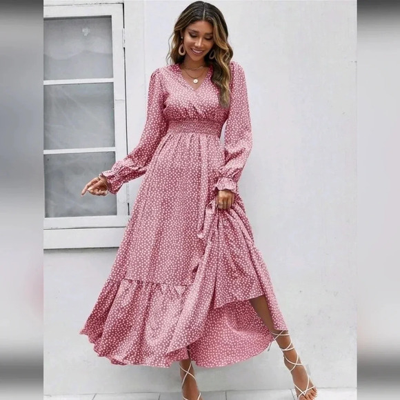 VCAY Ditsy Floral Print Flounce Sleeve Ruffle Hem Dress - Picture 4 of 4